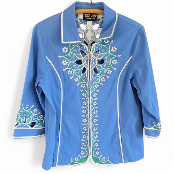 Bob Mackie Jackets & Blazers - Bob Mackie Wearable Art Blue Medium Embroidered Jacket 3/4 Sleeve Floral